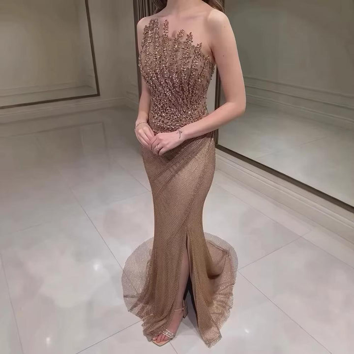 Sparkly Crystal Mermaid Evening Dress Dubai Luxury Caramel SS528