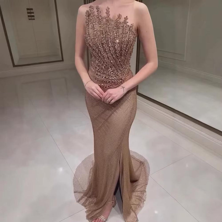 Sparkly Crystal Mermaid Evening Dress Dubai Luxury Caramel SS528