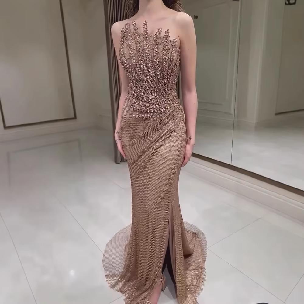 Sparkly Crystal Mermaid Evening Dress Dubai Luxury Caramel SS528