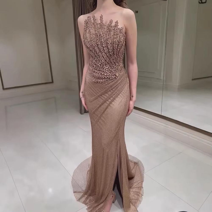 Sparkly Crystal Mermaid Evening Dress Dubai Luxury Caramel SS528