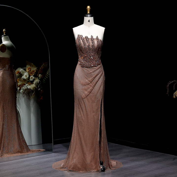 Sparkly Crystal Mermaid Evening Dress Dubai Luxury Caramel SS528