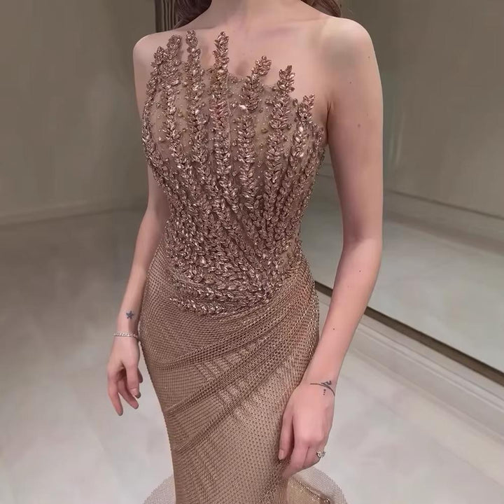 Sparkly Crystal Mermaid Evening Dress Dubai Luxury Caramel SS528
