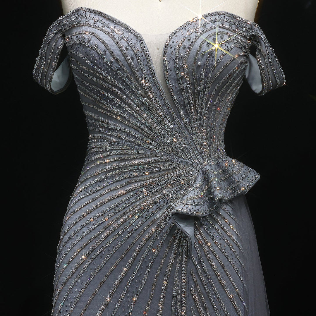 Sparkly Crystal Off Shoulder Beige Evening Dress with Slit SS104