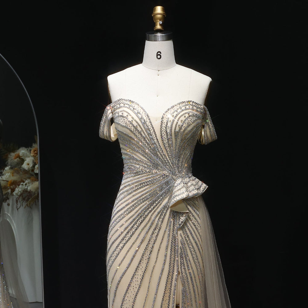 Sparkly Crystal Off Shoulder Beige Evening Dress with Slit SS104