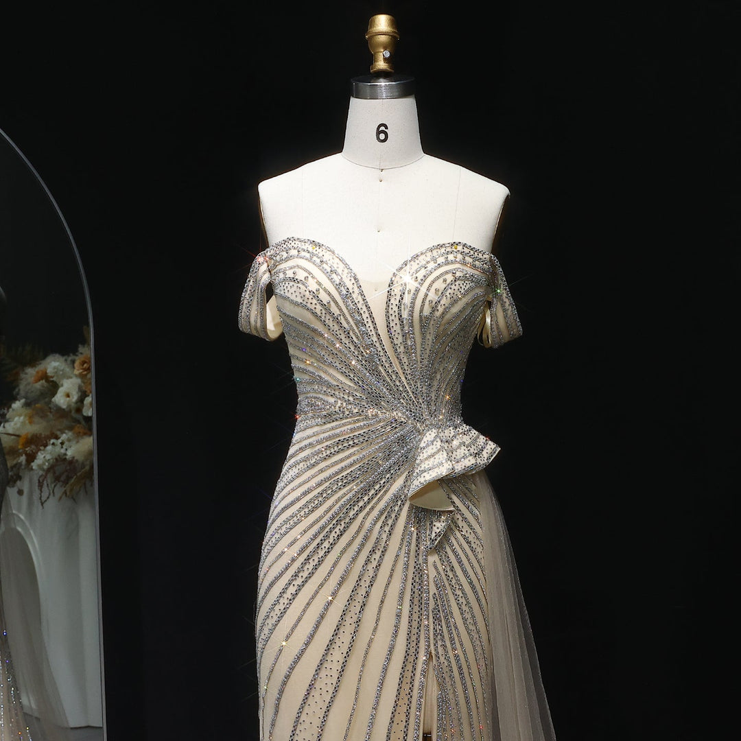 Sparkly Crystal Off Shoulder Beige Evening Dress with Slit SS104