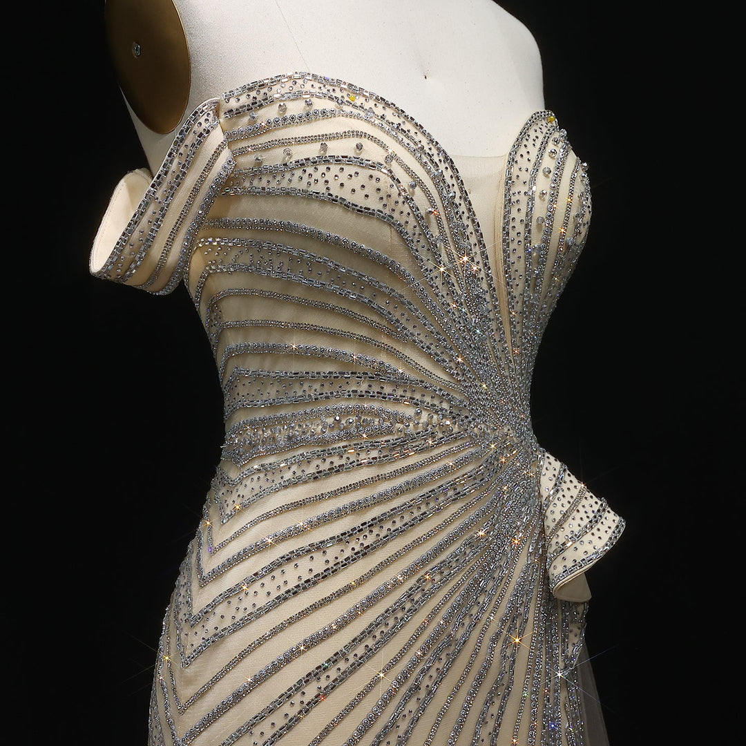 Sparkly Crystal Off Shoulder Beige Evening Dress with Slit SS104
