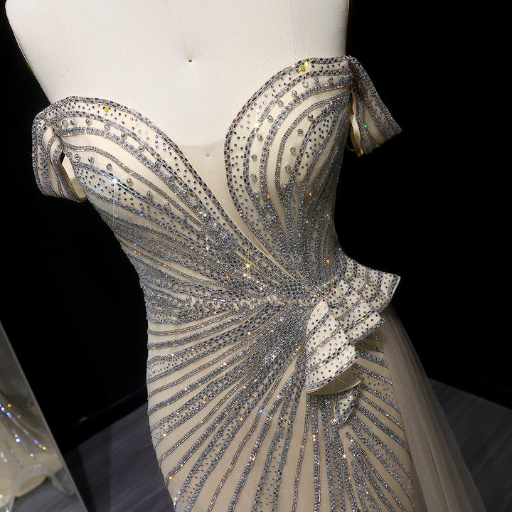 Sparkly Crystal Off Shoulder Beige Evening Dress with Slit SS104