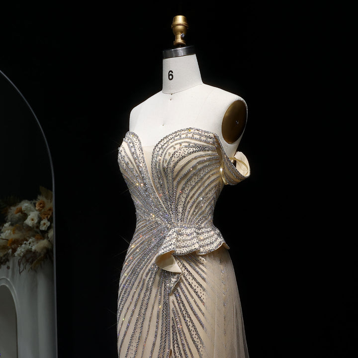 Sparkly Crystal Off Shoulder Beige Evening Dress with Slit SS104