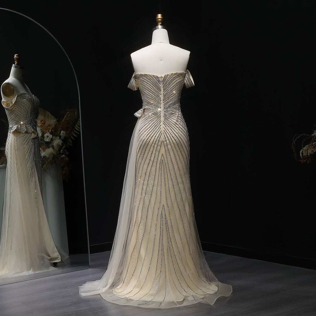 Sparkly Crystal Off Shoulder Beige Evening Dress with Slit SS104