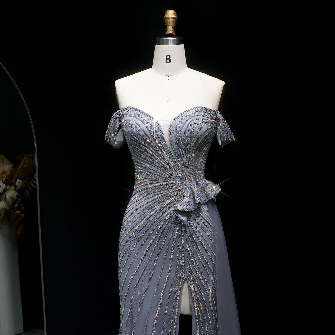 Sparkly Crystal Off Shoulder Beige Evening Dress with Slit SS104