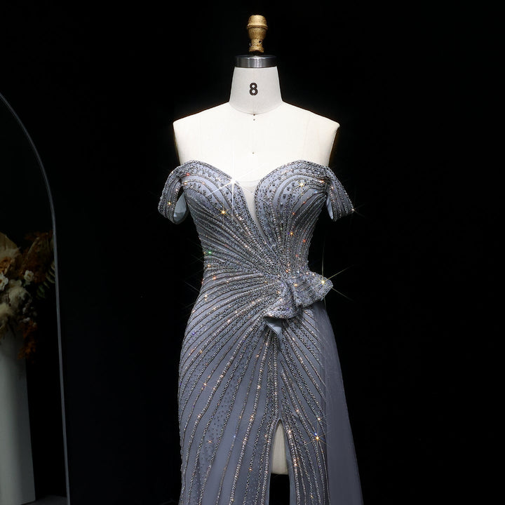 Sparkly Crystal Off Shoulder Beige Evening Dress with Slit SS104