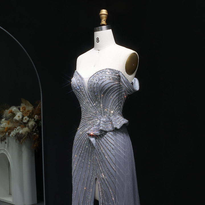Sparkly Crystal Off Shoulder Beige Evening Dress with Slit SS104