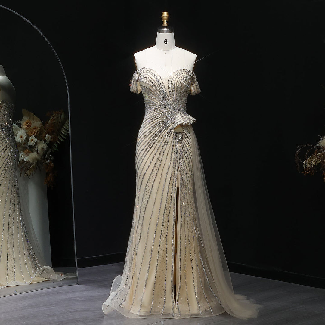 Sparkly Crystal Off Shoulder Beige Evening Dress with Slit SS104