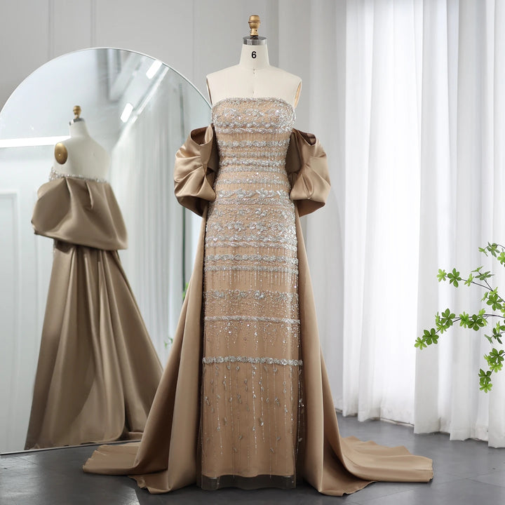 SS238 champagne beaded evening dress with cape