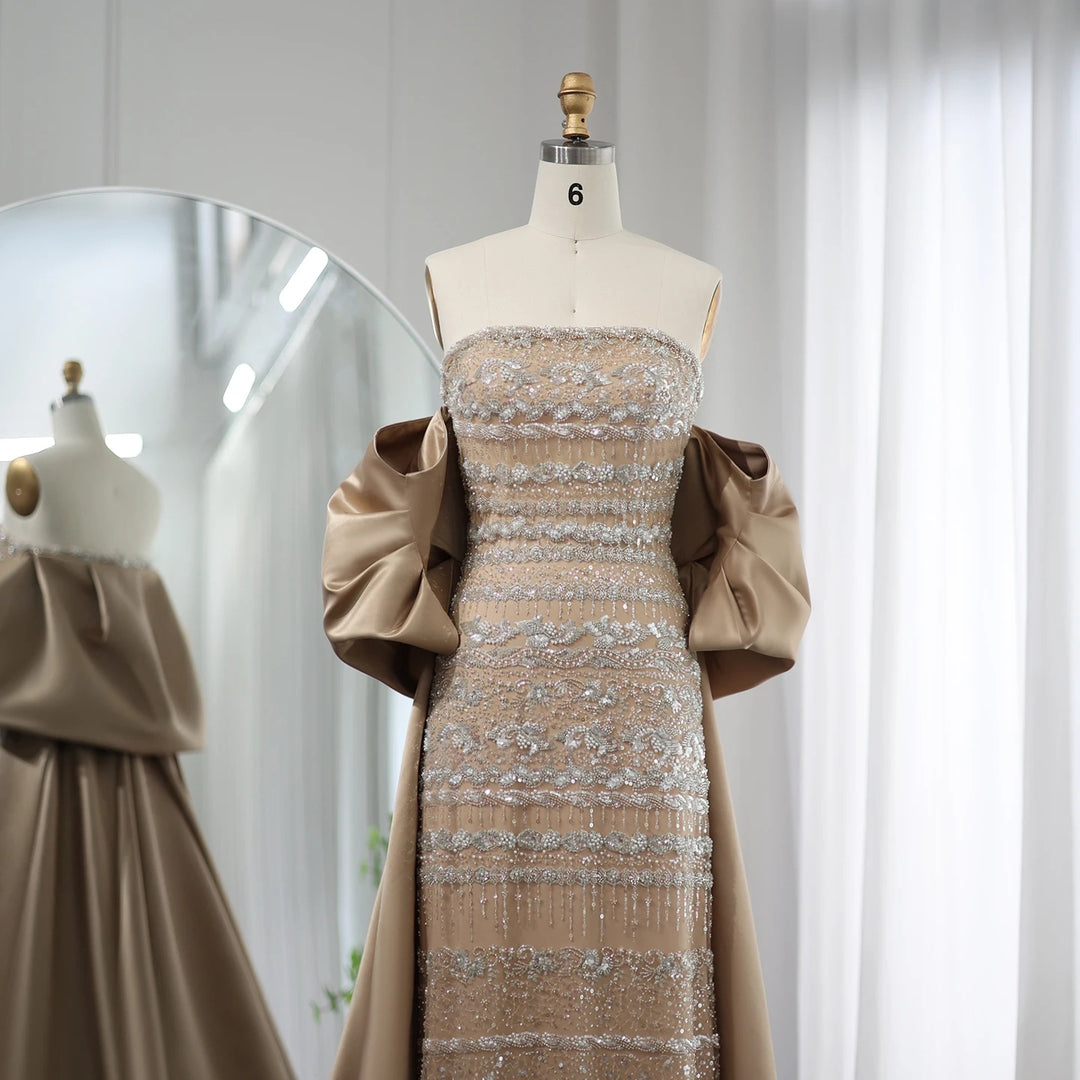 SS238 champagne beaded evening dress with cape