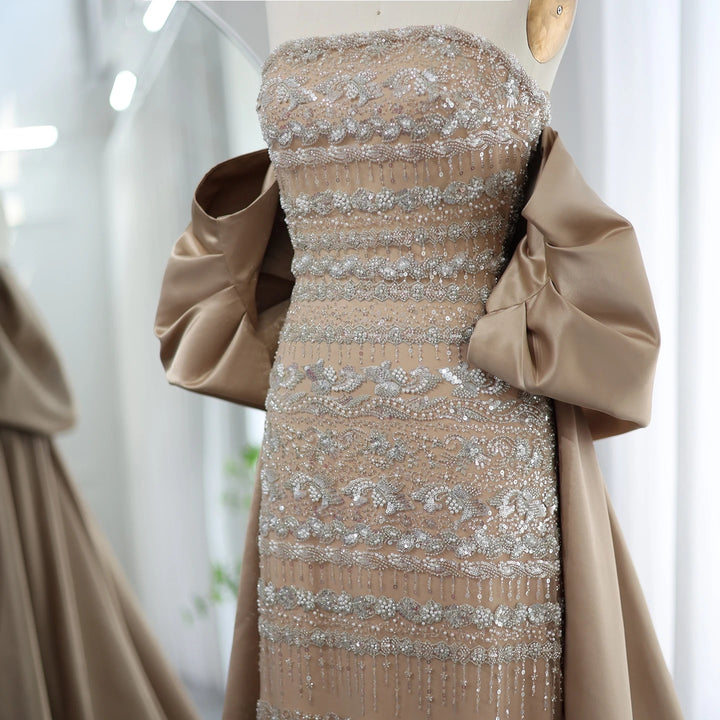 SS238 champagne beaded evening dress with cape