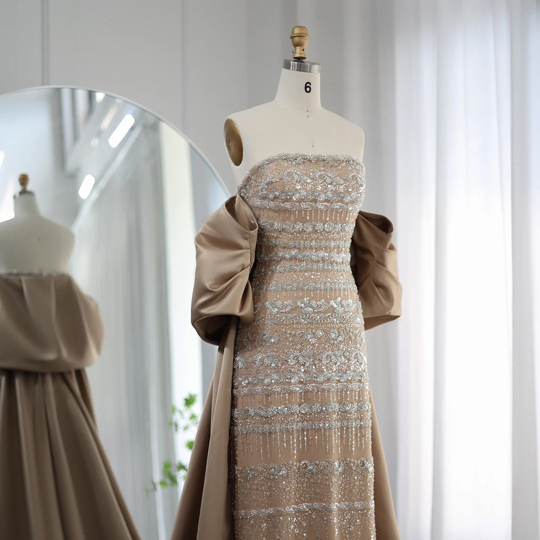 SS238 champagne beaded evening dress with cape