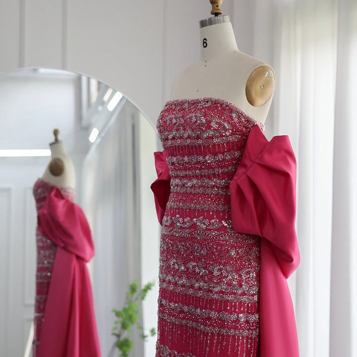 SS238 fuchsia beaded evening dress with cape