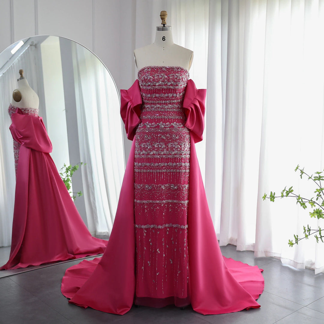 SS238 fuchsia beaded evening dress with cape