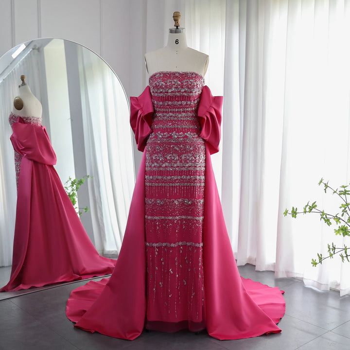 SS238 fuchsia beaded evening dress with cape