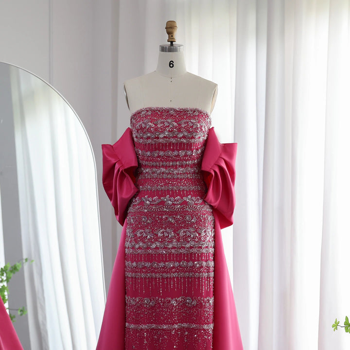 SS238 fuchsia beaded evening dress with cape