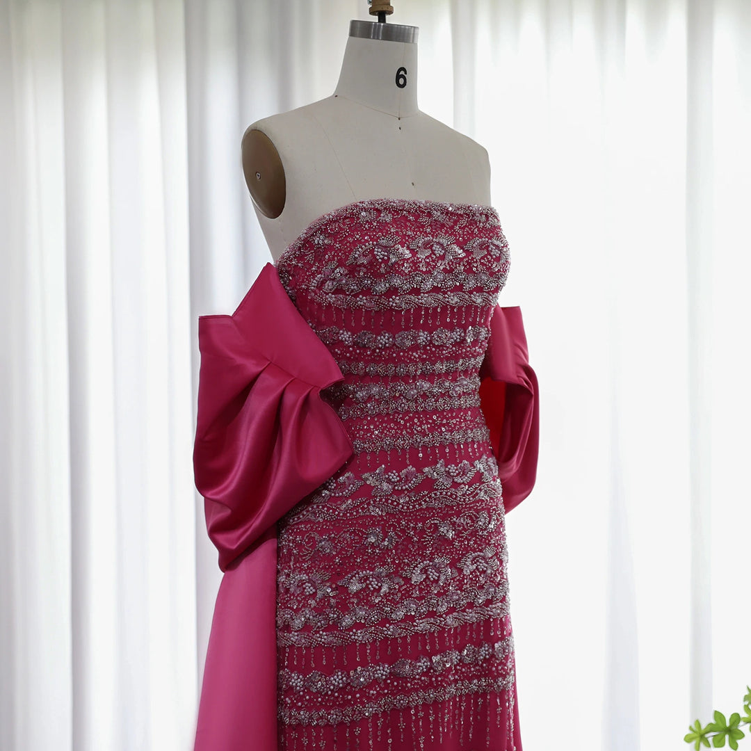 SS238 fuchsia beaded evening dress with cape