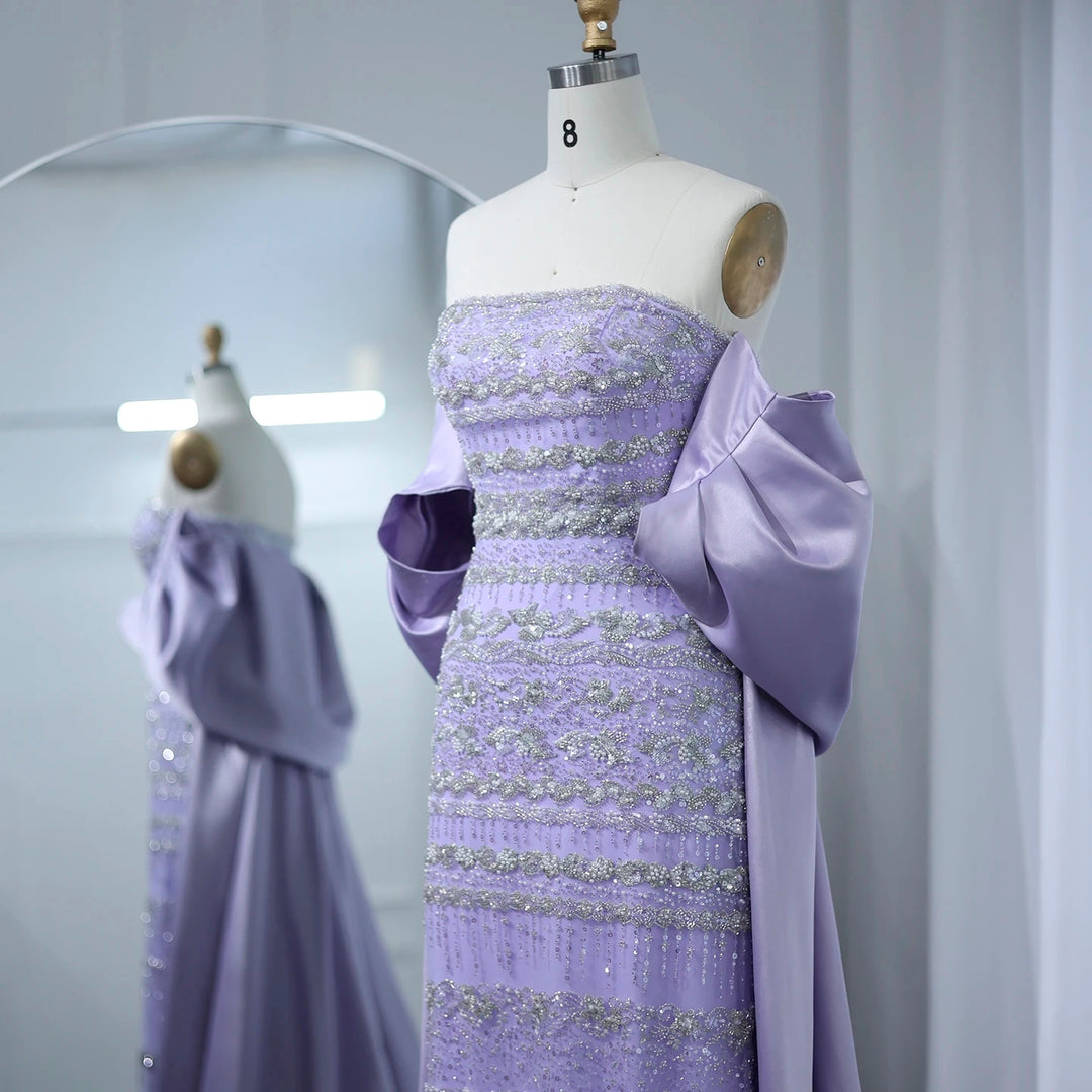 SS238 lilac beaded evening dress with cape
