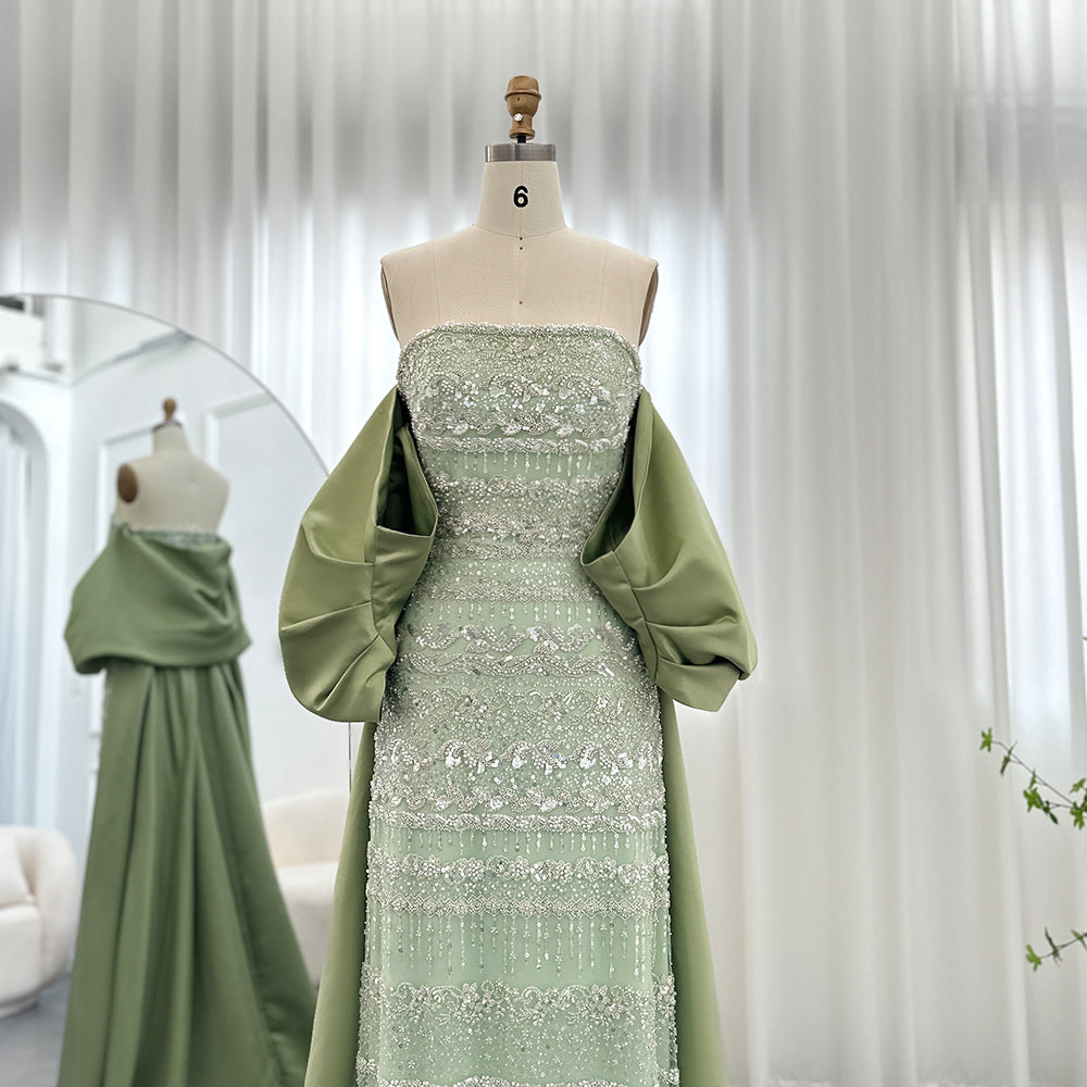 SS238 sage green beaded evening dress with cape