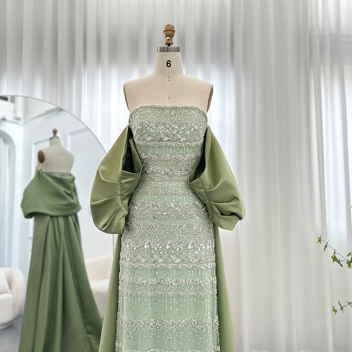 SS238 sage green beaded evening dress with cape