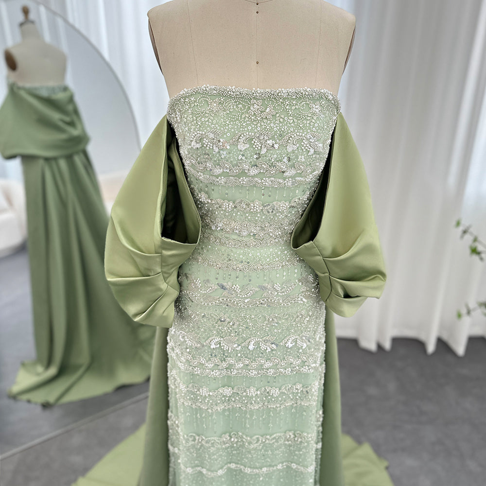 SS238 sage green beaded evening dress with cape