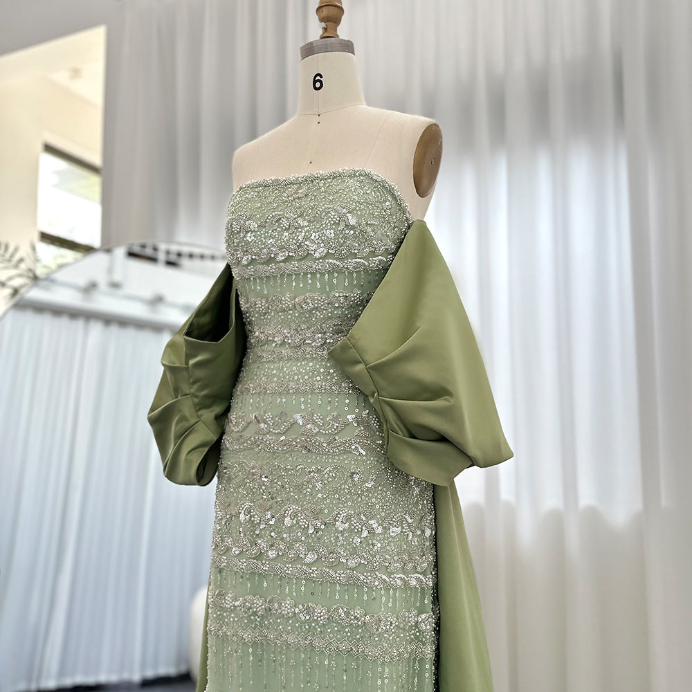 SS238 sage green beaded evening dress with cape