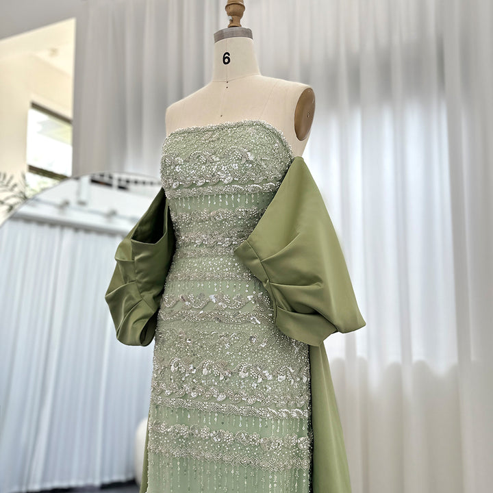 SS238 sage green beaded evening dress with cape