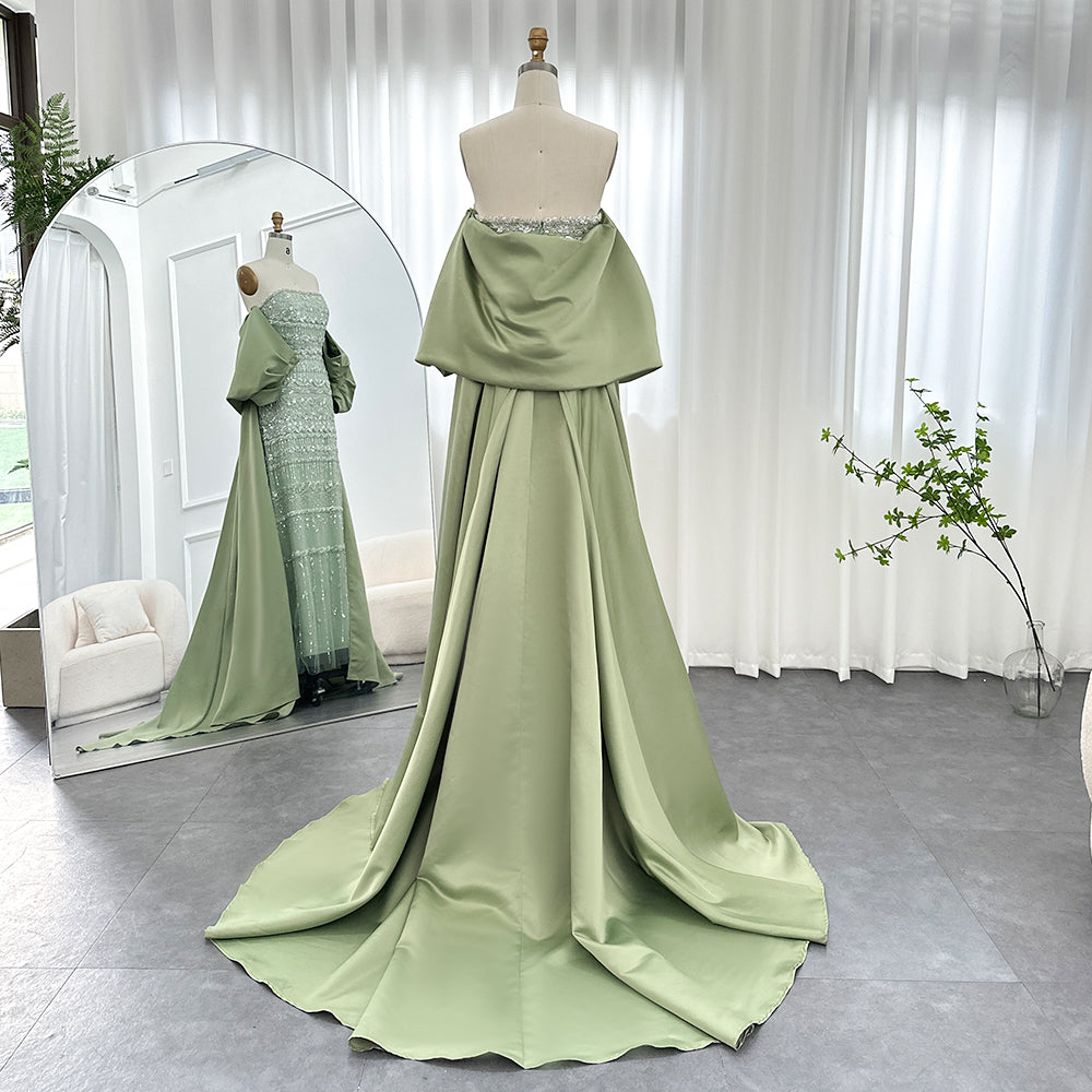 SS238 sage green beaded evening dress with cape