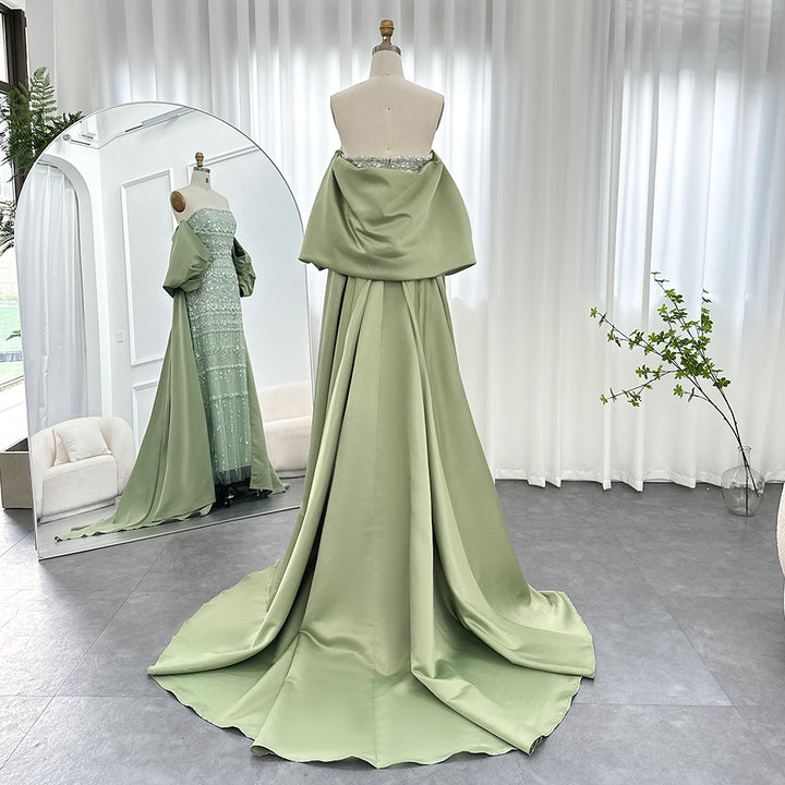 SS238 sage green beaded evening dress with cape