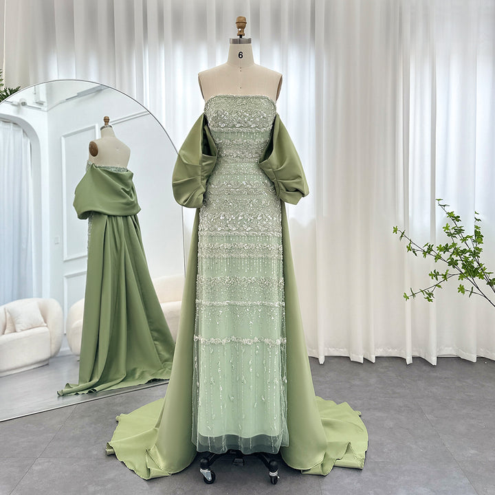 SS238 sage green beaded evening dress with cape