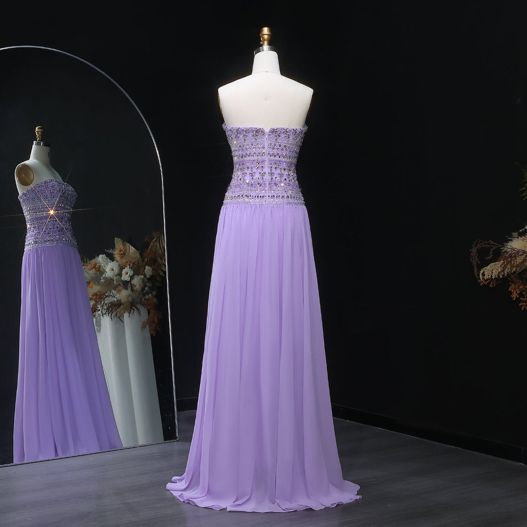 Strapless Lilac Beaded Bodice Evening Dress with Flowing Skirt SS539