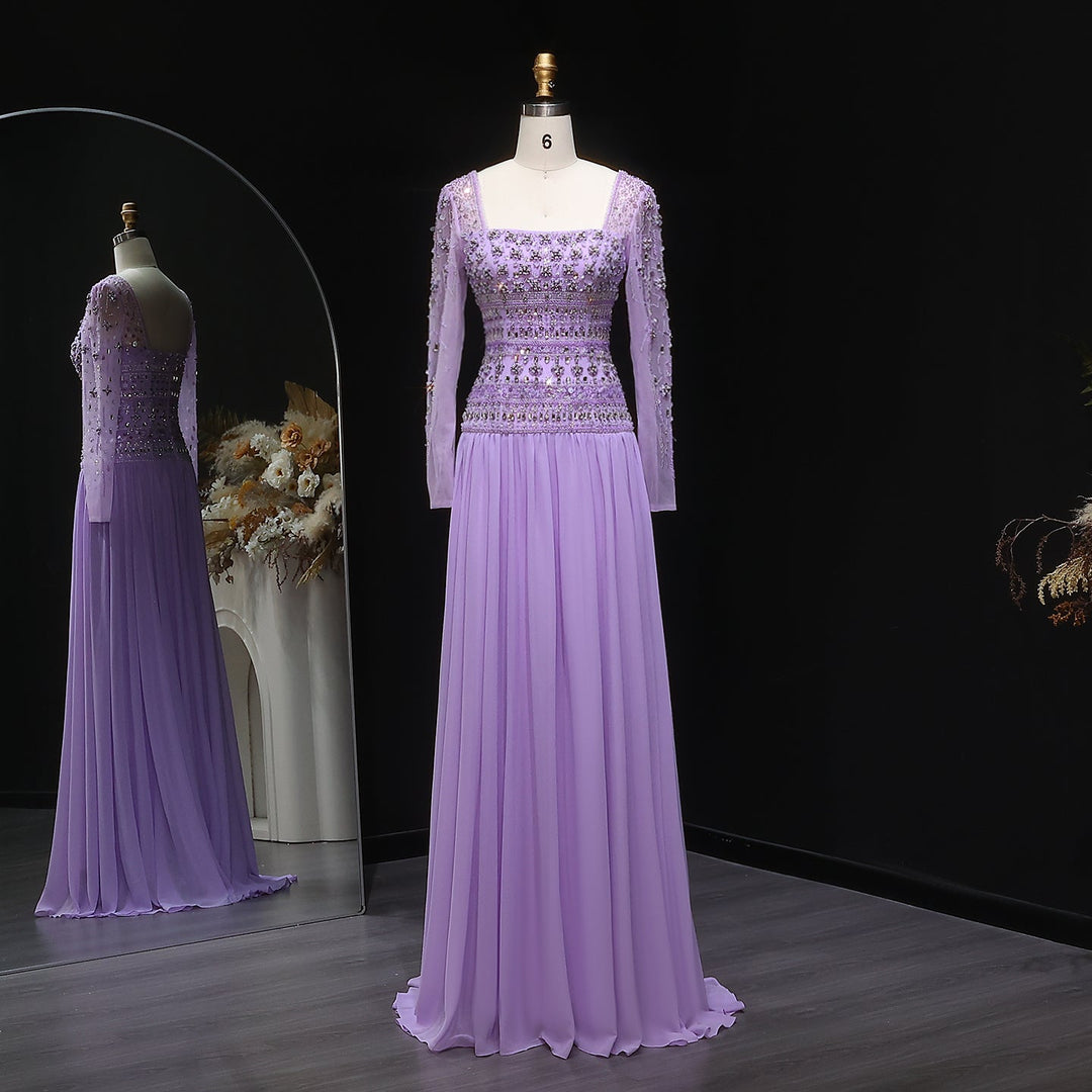 Strapless Lilac Beaded Bodice Evening Dress with Flowing Skirt SS539