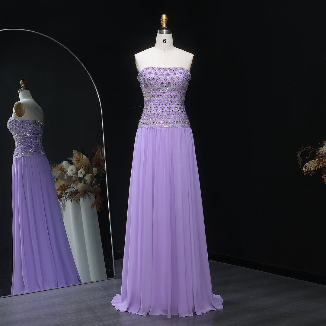 Strapless Lilac Beaded Bodice Evening Dress with Flowing Skirt SS539