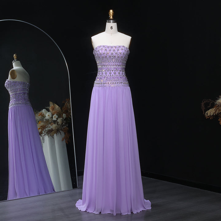 Strapless Lilac Beaded Bodice Evening Dress with Flowing Skirt SS539
