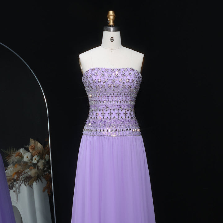 Strapless Lilac Beaded Bodice Evening Dress with Flowing Skirt SS539