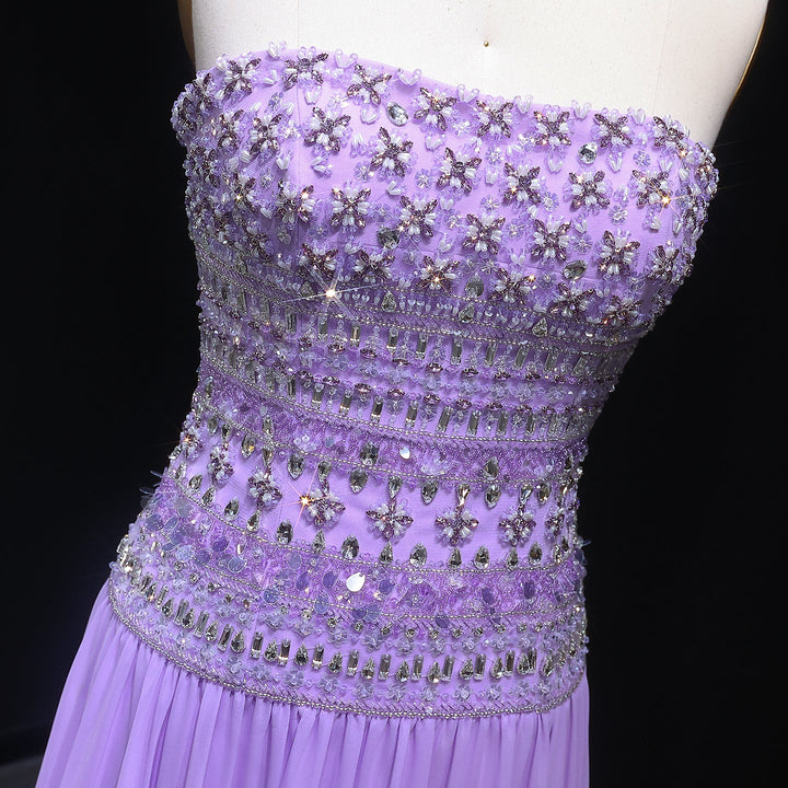 Strapless Lilac Beaded Bodice Evening Dress with Flowing Skirt SS539