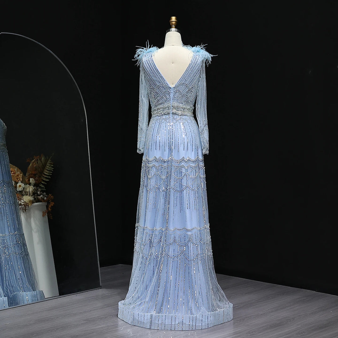 Stunning Crystal Blue Long Sleeves Evening Dress with Feather SS018