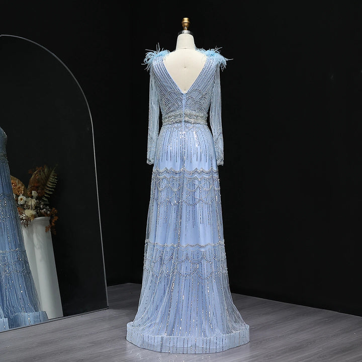 Stunning Crystal Blue Long Sleeves Evening Dress with Feather SS018