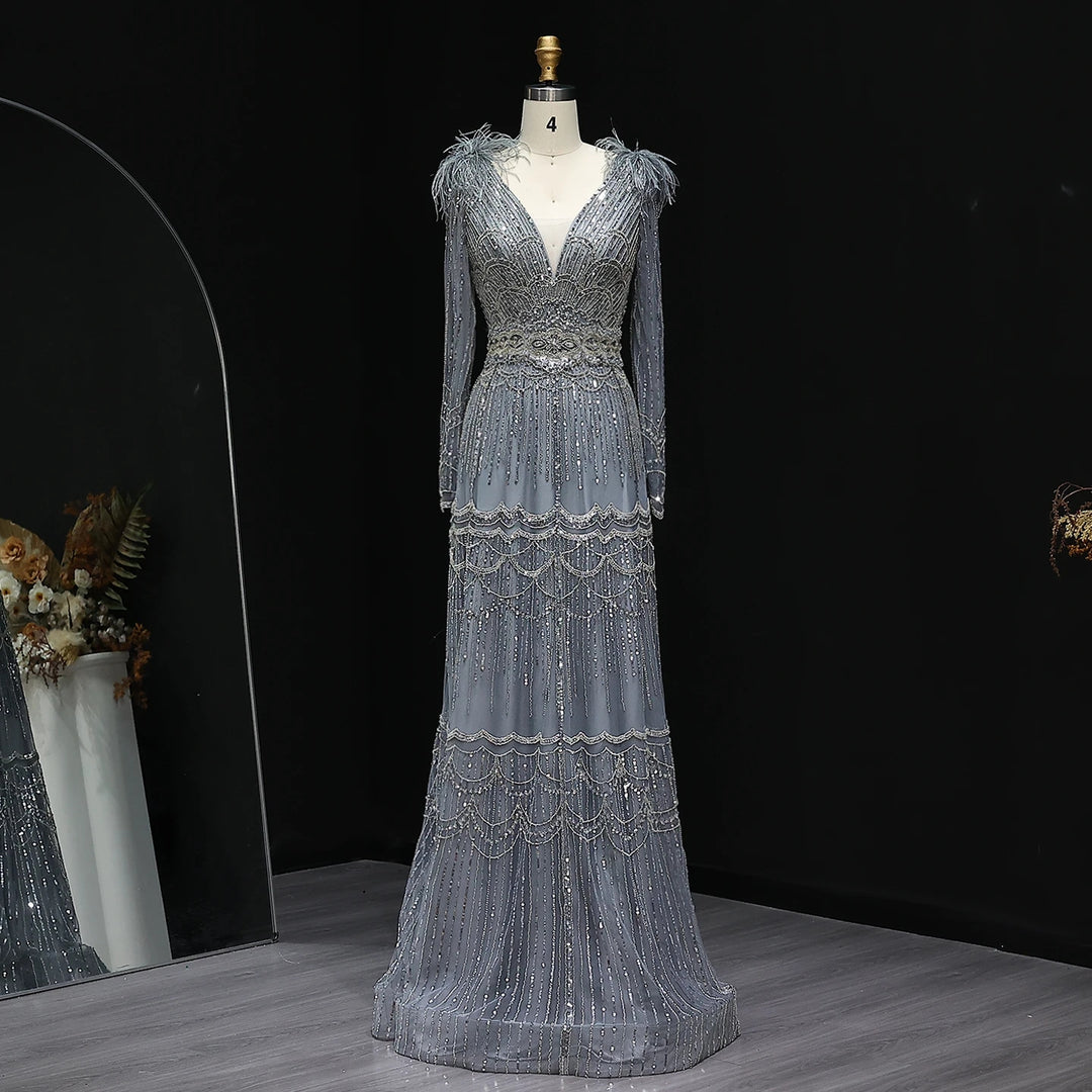 Stunning Crystal Blue Long Sleeves Evening Dress with Feather SS018