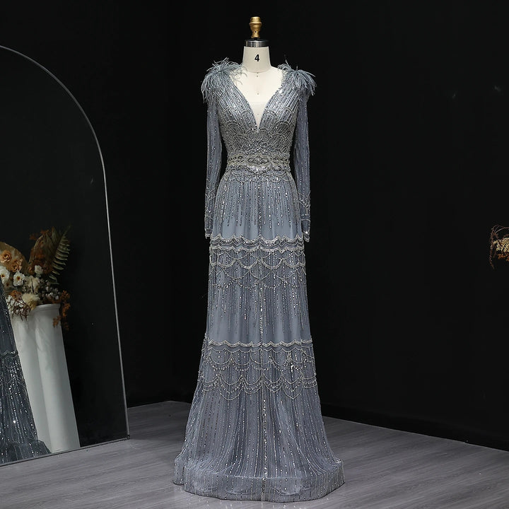 Stunning Crystal Blue Long Sleeves Evening Dress with Feather SS018