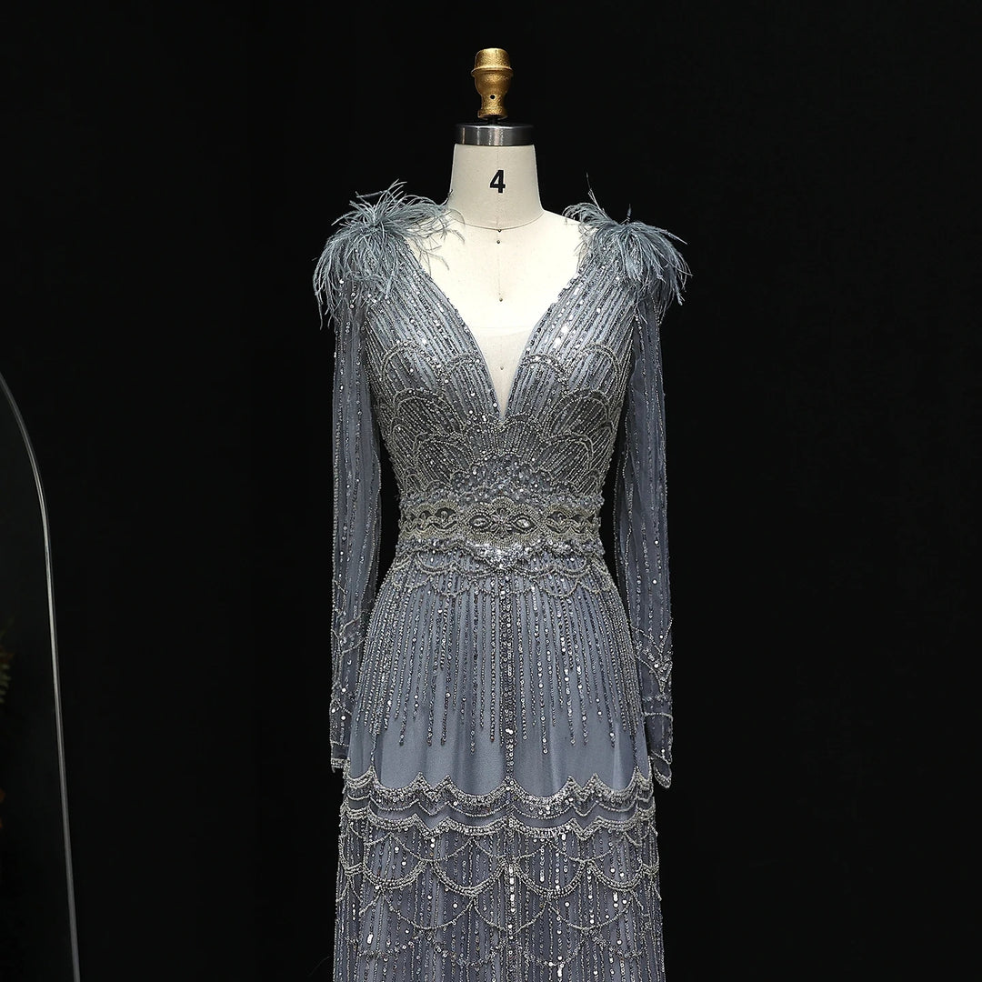 Stunning Crystal Blue Long Sleeves Evening Dress with Feather SS018