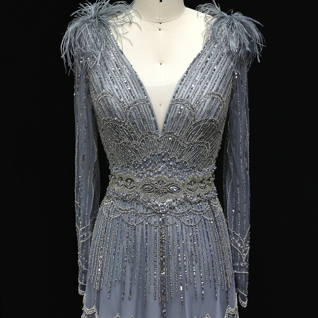 Stunning Crystal Blue Long Sleeves Evening Dress with Feather SS018