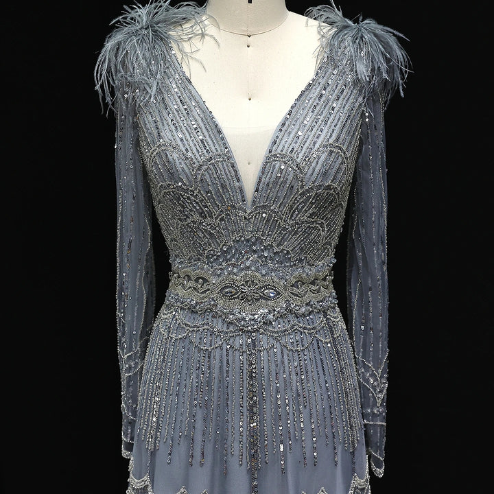 Stunning Crystal Blue Long Sleeves Evening Dress with Feather SS018