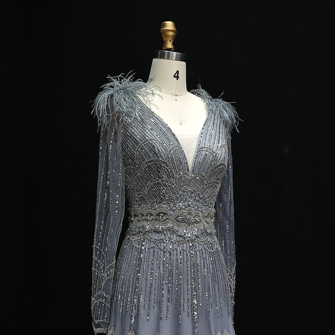 Stunning Crystal Blue Long Sleeves Evening Dress with Feather SS018