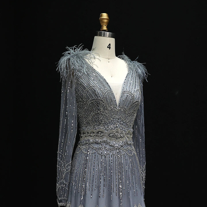 Stunning Crystal Blue Long Sleeves Evening Dress with Feather SS018